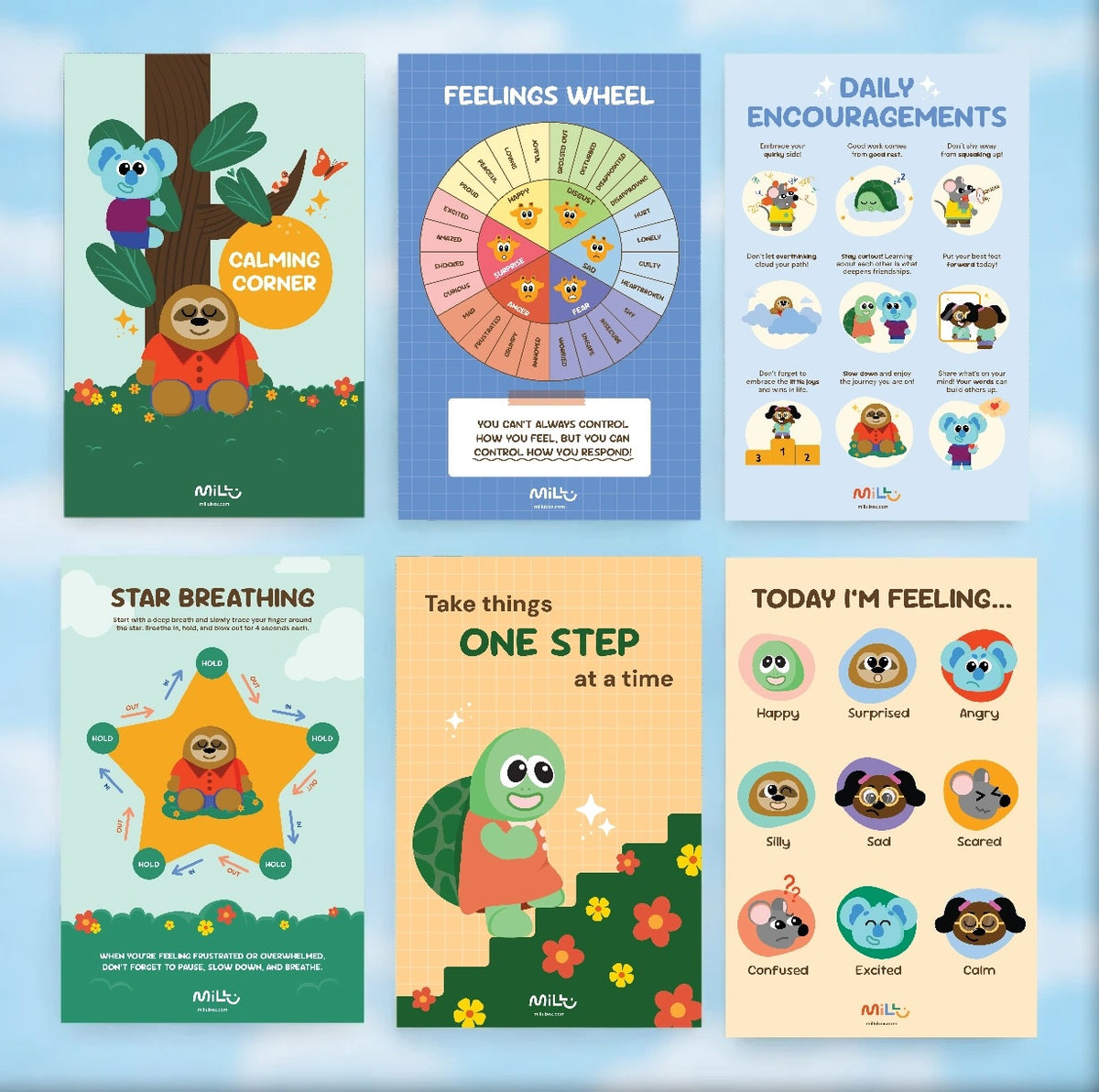 Six MILLU Calming Corner posters with a feelings wheel, daily encouragements, star breathing guide and illustrated emotion chart.