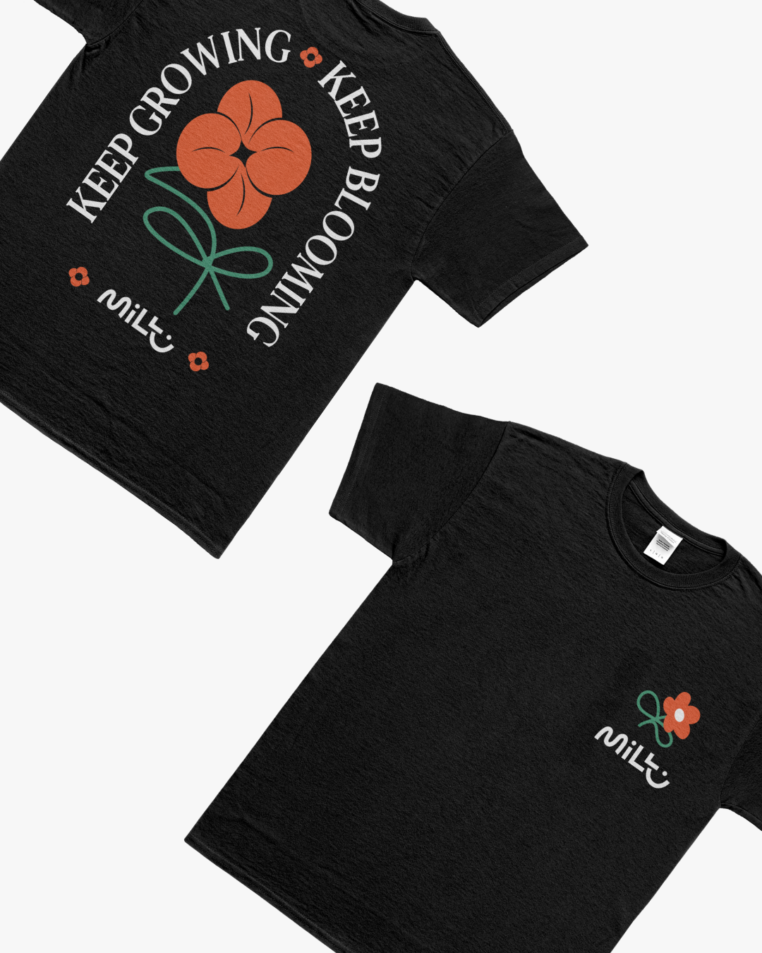 Front and back of the black MILLU Bloom T-shirt, with a small chest flower and large Keep Growing Keep Blooming back design.